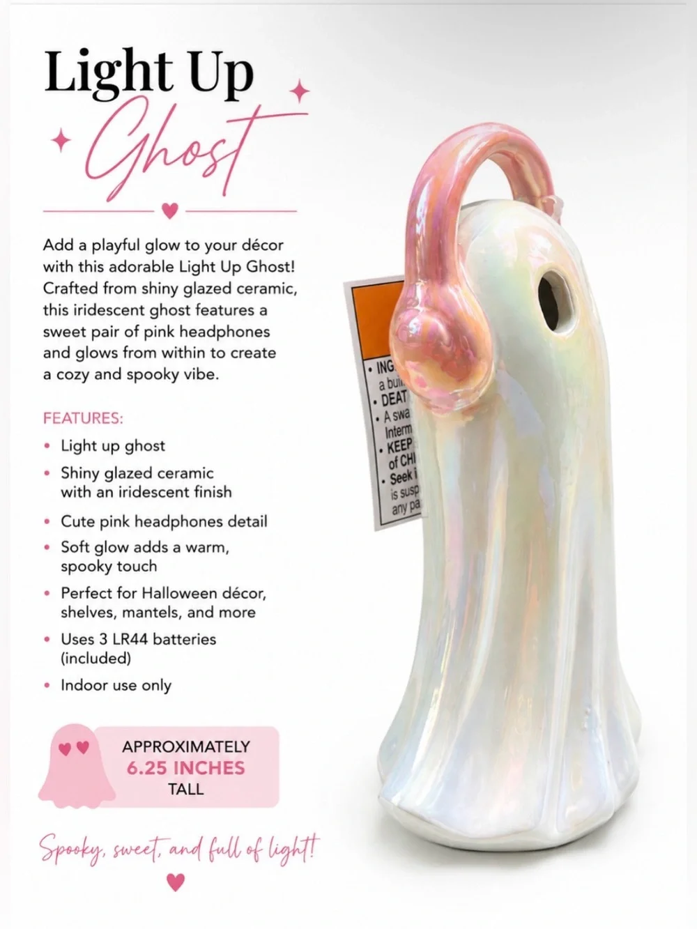 ADORABLE Light Up Ghost Figurine - Pink Halloween